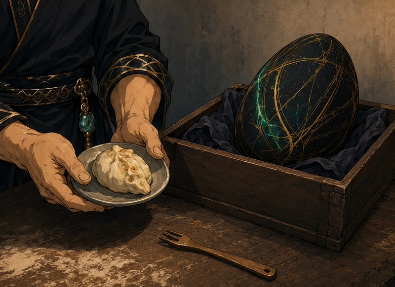 The Master presents his own much worse bun to the Egg. A wooden fork lies on the counter.