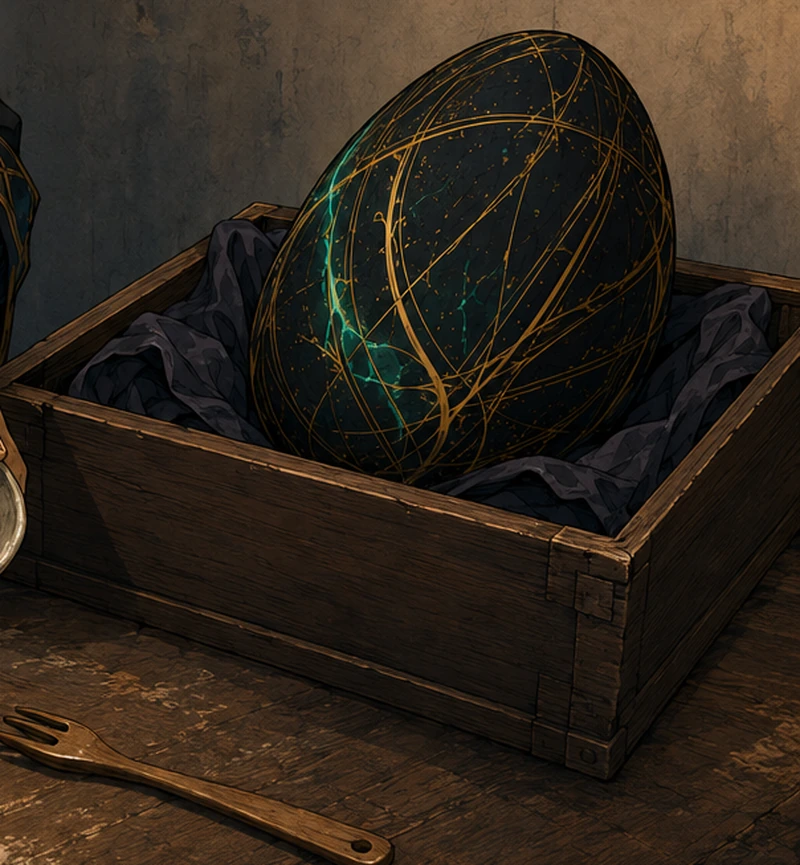 The intact Egg sits in its tray beside the wooden fork, with no hands to reach for it.
